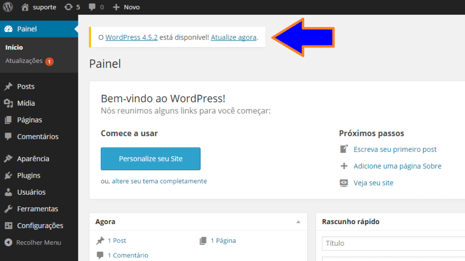 Mostrar tela do WordPress com o botão de atualização